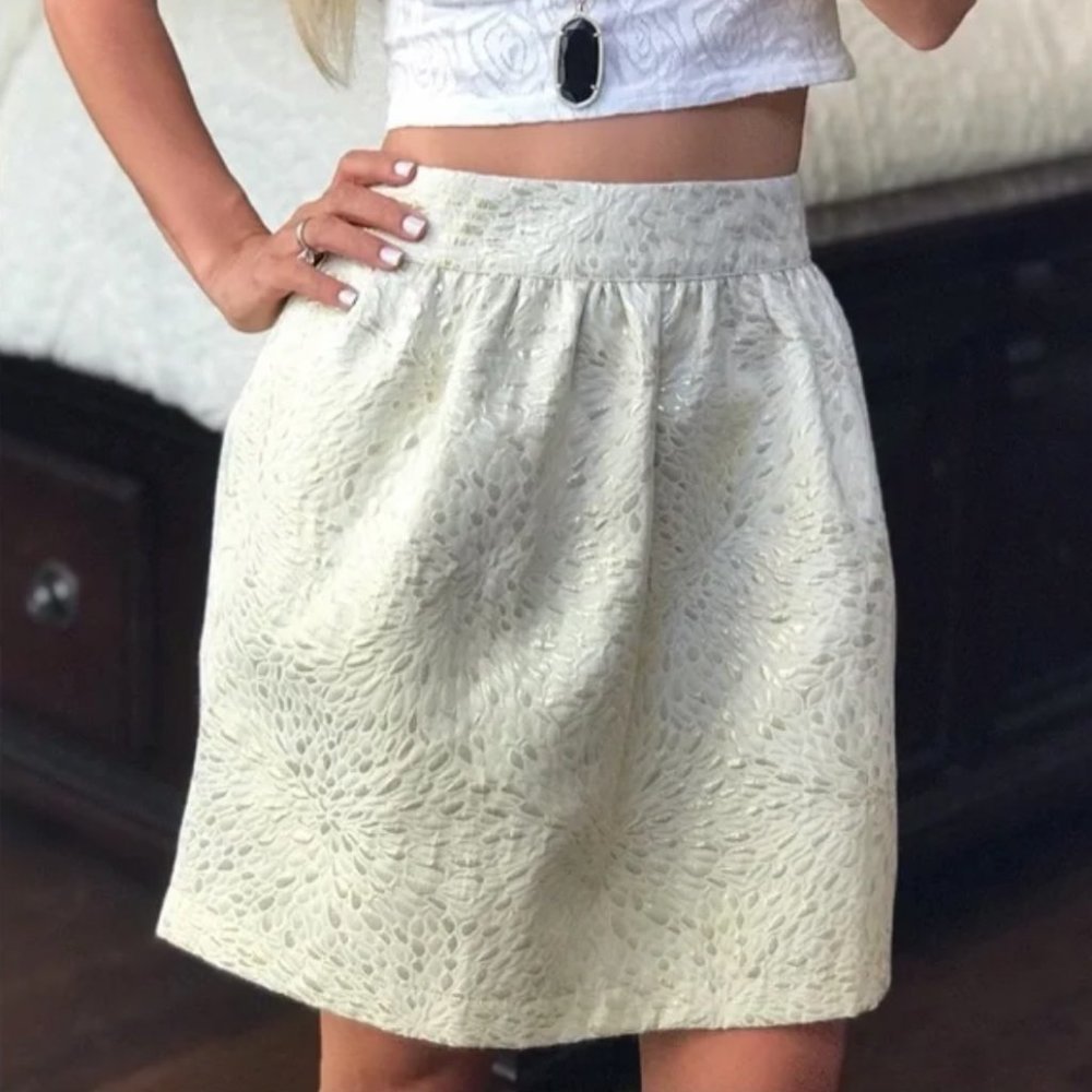 Alya Ivory and Gold Jacquard Mini Skirt Size Small